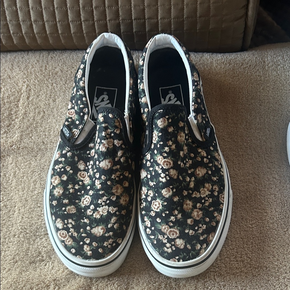 Vans Black and Cream Floral Slip-Ons
